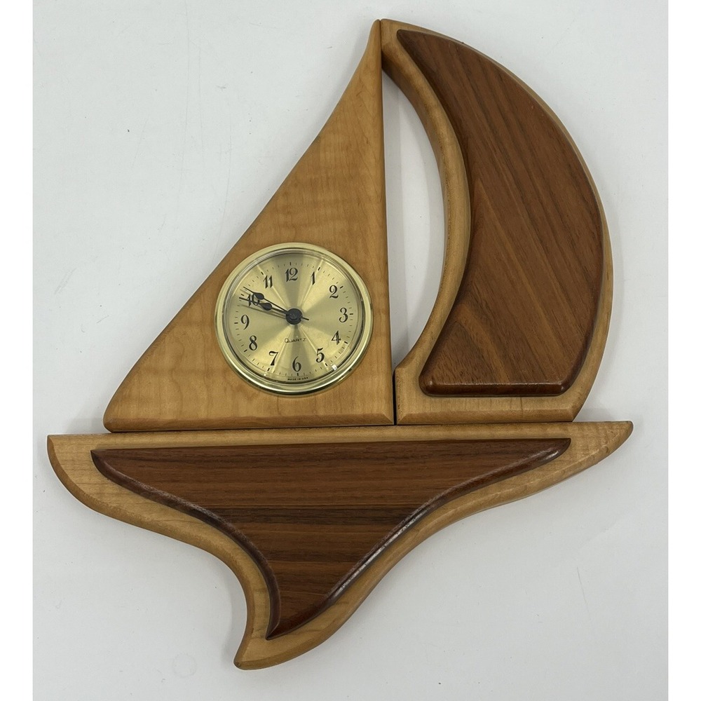 Handcrafted Wood Sailboat Clock Untested - Handmade Two Tone